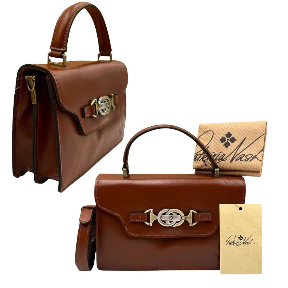 Patricia Nash Leather Porcili Satchel Tan Brown Horsebit Detail Shoulder Strap